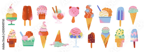 Set of flat funky textured hand drawn variation ice cream. Sweet icecream, cold milk snack for kids. Ball of sorbet, gelato, juice. Frozen summer dessert in glass.