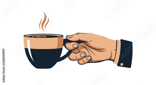 Hand holding a hot coffee cup with steam vector illustration