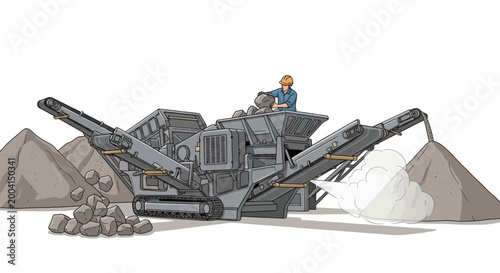Industrial mobile stone crusher machine with worker processing rocks on white background
