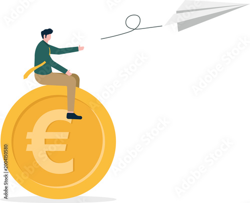 Professional on euro coin throwing paper plane