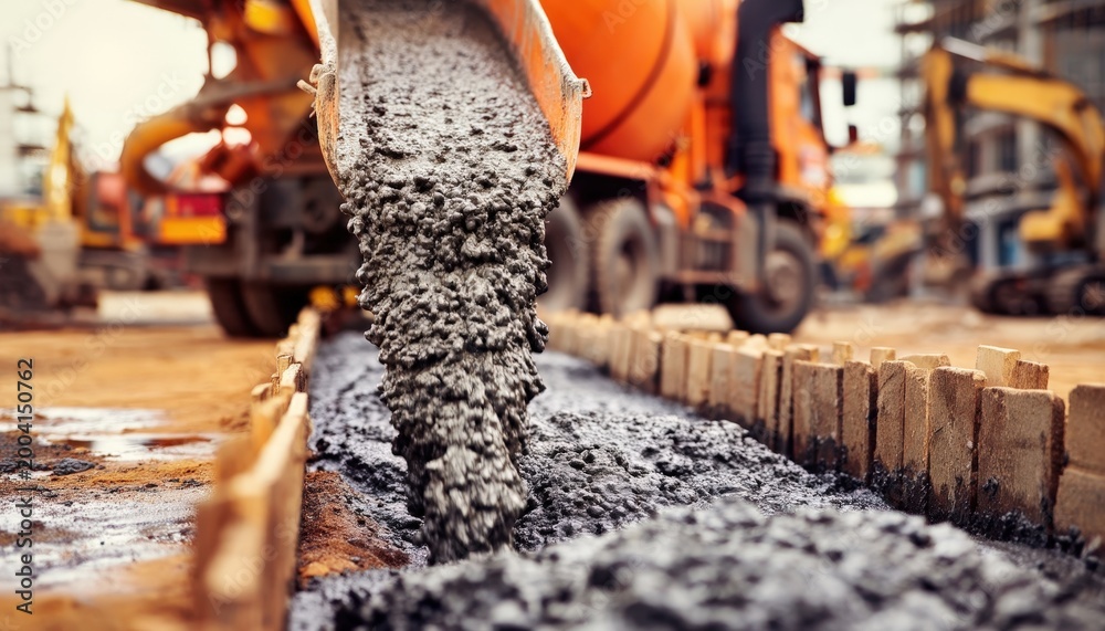 Naklejka premium Concrete is being poured from a mixer truck into a wooden formwork at a construction site.
