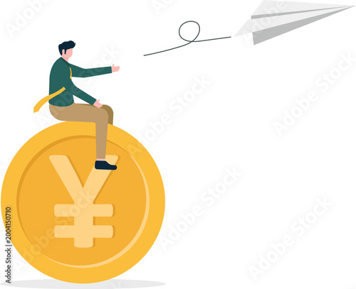 Professional on yen coin throwing paper plane