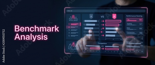 Person analyzing benchmark data on a transparent screen with glowing charts and graphs