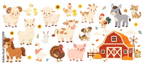Set of flat vector characters of farm animals. Cute cartoon illustration of cow pig lamb sheep horse dog cat hen rooster goat. Funny characters for children, kids book.