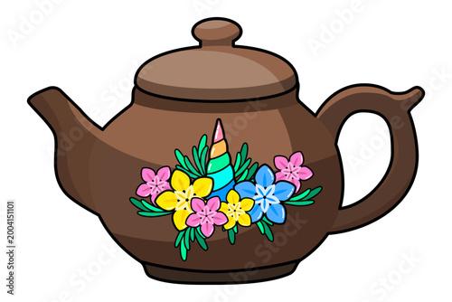 Brown teapot decorated with rainbow unicorn horn and vibrant flowers. Whimsical design for magical tea brewing in childrens routines