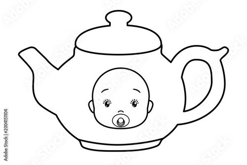 Baby face on teapot illustration. Cute infant character integrated into teaware design for herbal infusions. concept tea for baby colic