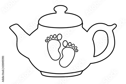 Outline teapot with baby footprints illustration. Line art design for herbal baby tea products. Concept of maternal health lactation and infant development support