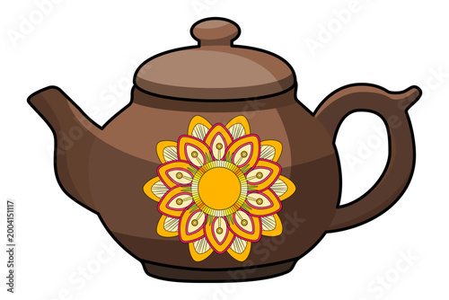Brown teapot adorned with intricate mandala floral pattern. Bohemian tea vessel for mindfulness rituals and spiritual healing