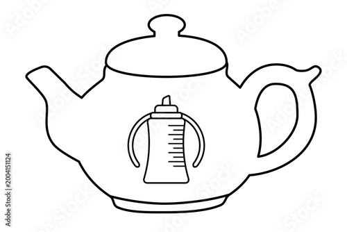 Teapot outline with baby bottle. Herbal tea concept for infant development and lactation support in motherhood