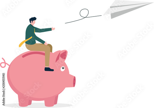 Professional on piggy bank throwing paper plane