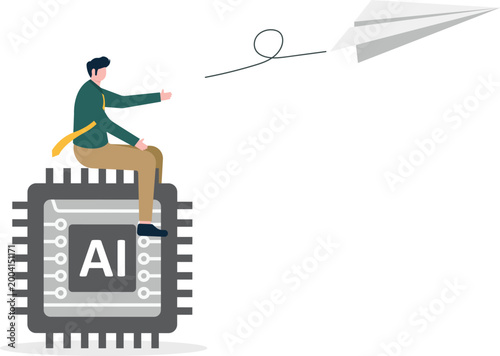 Professional on AI processor throwing paper plane