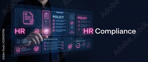 Person interacting with HR compliance interface on futuristic screen during digital data review