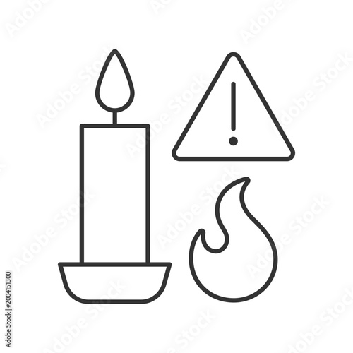 Fire danger from candles linear manual label icon. Fire hazard. Thin line customizable illustration. Contour symbol. Vector isolated outline drawing for product use instructions. Editable stroke