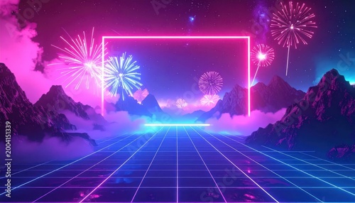 Retro Futuristic Neon Landscape with Fireworks and Mountains.