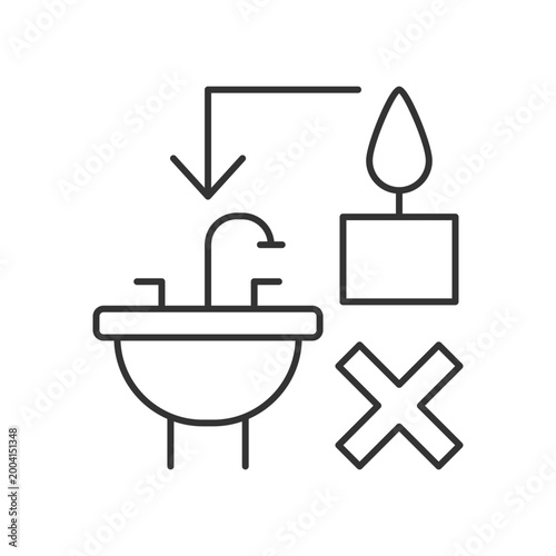 Never throw hot wax down sink linear manual label icon. Thin line customizable illustration. Contour symbol. Vector isolated outline drawing for product use instructions. Editable stroke