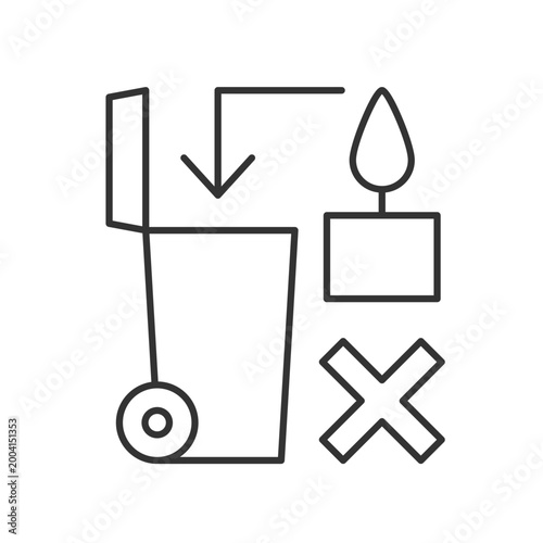 Never throw hot wax in trash bin linear manual label icon. Thin line customizable illustration. Contour symbol. Vector isolated outline drawing for product use instructions. Editable stroke