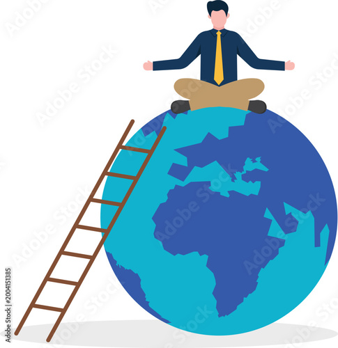 Professional meditating on world globe with ladder