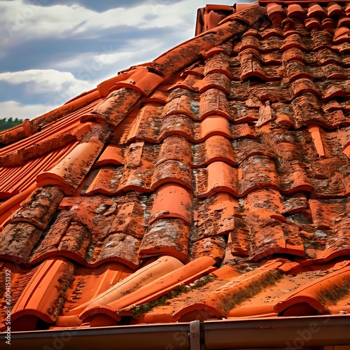 Close-up of weathered terracotta roof tiles