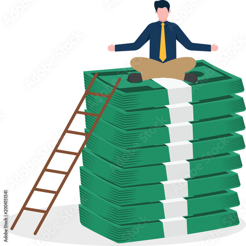 Professional meditating on stack of money with ladder