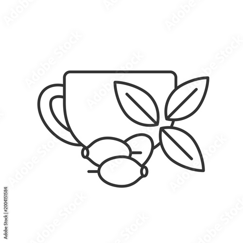 Rosehip tea linear icon. Briar tea benefits. Beverage improves immunity and heart health. Thin line customizable illustration. Contour symbol. Vector isolated outline drawing. Editable stroke