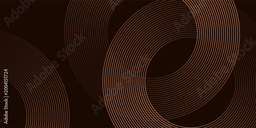 Elegant abstract background with luxury copper or rose gold concentric circular lines on dark brown backdrop. Modern geometric vector pattern for premium design, cover, or digital wallpaper.