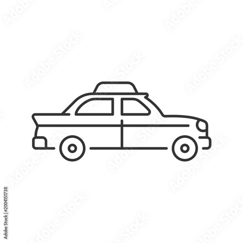 Retro taxi car linear icon. Taxicab vehicle. Chauffeur-driven transportation. Checker taxi. Thin line customizable illustration. Contour symbol. Vector isolated outline drawing. Editable stroke