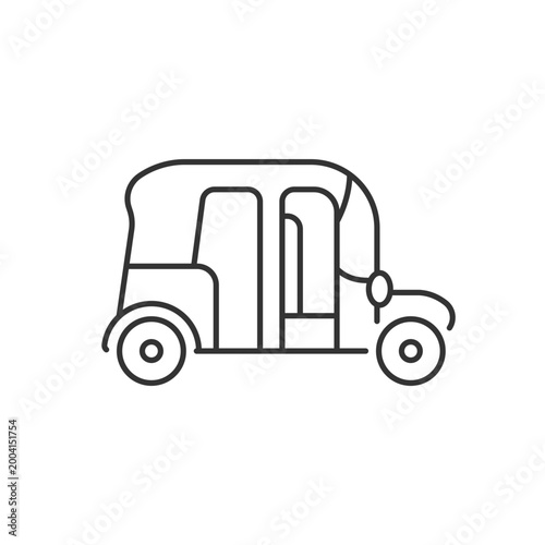 Auto rickshaw linear icon. Three-wheeler taxi. Passenger car equivalent. Urban transport. Thin line customizable illustration. Contour symbol. Vector isolated outline drawing. Editable stroke