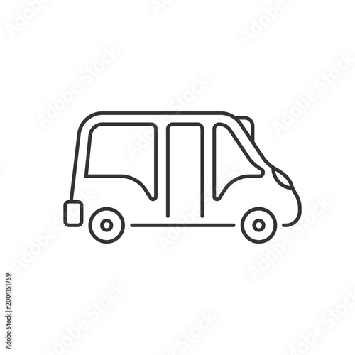 Minibus linear icon. Small bus for transporting passengers. Motor vehicle. Travel service. Thin line customizable illustration. Contour symbol. Vector isolated outline drawing. Editable stroke