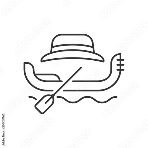 Gondola taxi linear icon. Venetian rowing boat for tourists carrying. Water taxi in Venice. Thin line customizable illustration. Contour symbol. Vector isolated outline drawing. Editable stroke