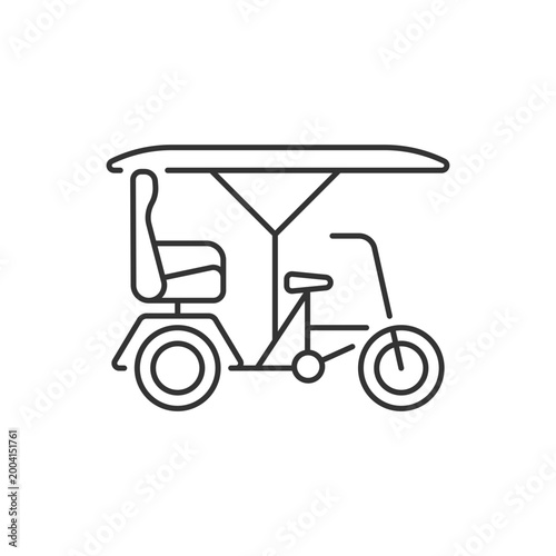 Bicitaxi linear icon. Tourists transportation. Bicycle taxi. Commercial vehicle with three wheels. Thin line customizable illustration. Contour symbol. Vector isolated outline drawing. Editable stroke