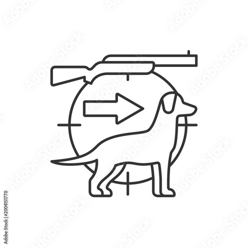 Dog handler linear icon. Hunting with canine. Trained hunting dog. Breeds for catching preys. Thin line customizable illustration. Contour symbol. Vector isolated outline drawing. Editable stroke