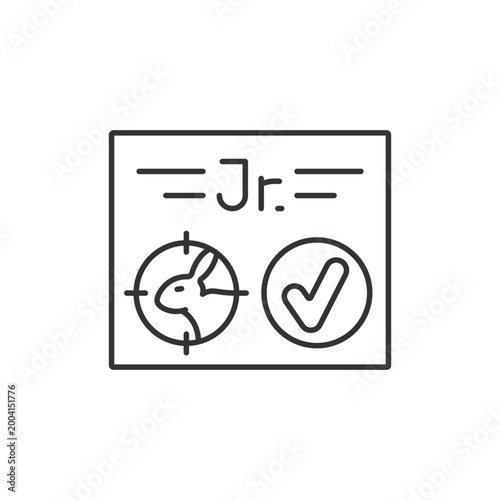 Junior hunting license linear icon. Hunt birds and animals. Hunter confirmation for children. Thin line customizable illustration. Contour symbol. Vector isolated outline drawing. Editable stroke
