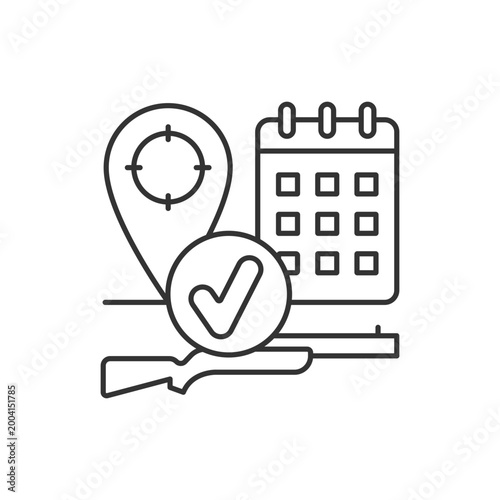 Hunting season linear icon. Time period to legally pursue certain wild animals and birds. Thin line customizable illustration. Contour symbol. Vector isolated outline drawing. Editable stroke