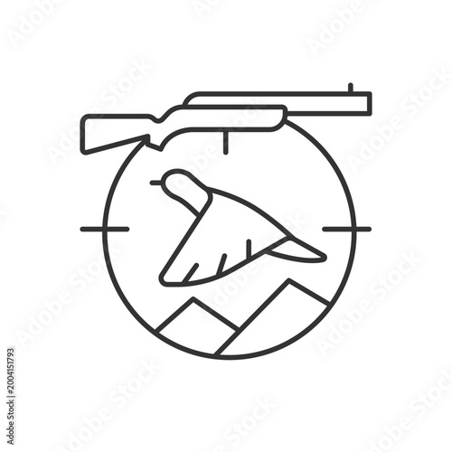 Upland hunting linear icon. Wingshooting. Terrestrial birds. Landfowl capturing. Thin line customizable illustration. Contour symbol. Vector isolated outline drawing. Editable stroke
