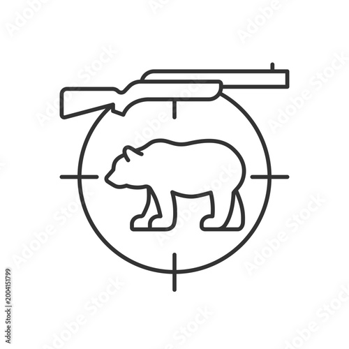 Big game hunting linear icon. Hunt large animals. African species hunting. Safari. Capture lion. Thin line customizable illustration. Contour symbol. Vector isolated outline drawing. Editable stroke