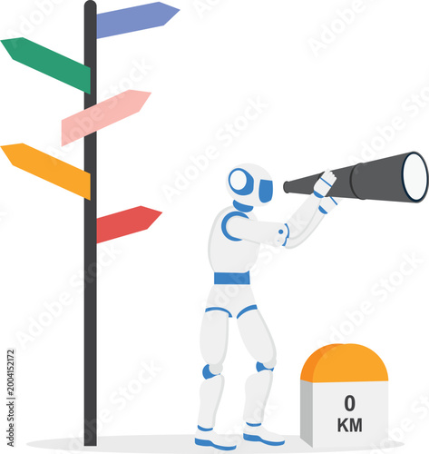 Robot with telescope near road direction sign