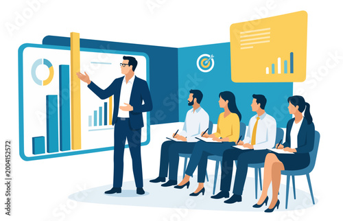Business meeting with presentation of results. Businessman, leader presenting growth strategy to team in modern space with overgrowing bar graph. Vector business illustration. 