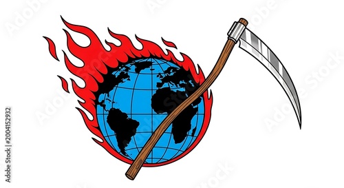 Planet Earth Engulfed in Flames with Grim Reaper's Scythe - Symbolizing Global Catastrophe