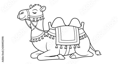 Cute cartoon camel resting with saddle and decorative blankets, line art drawing