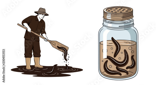 Photos Man collecting leeches with a paddle from a muddy puddle.