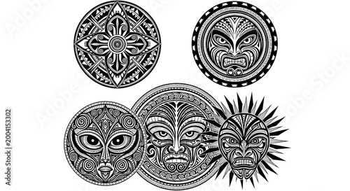 Maori Inspired Tattoo Designs Featuring Intricate Circular Patterns and Tribal Faces