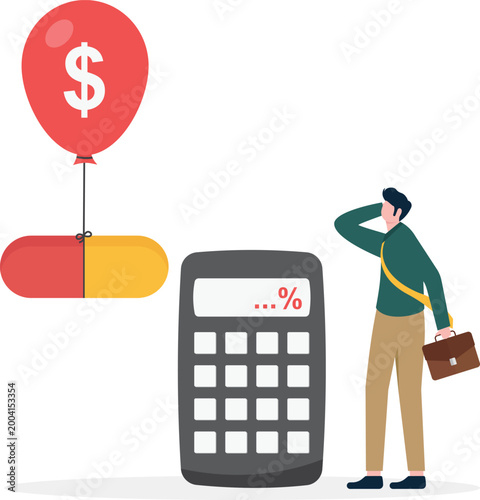 Stressed man with calculator and medicine inflation