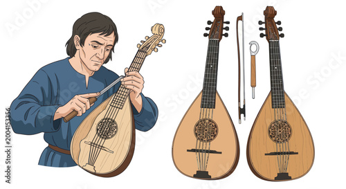 фотографія Medieval craftsman carving a traditional lute string instrument.