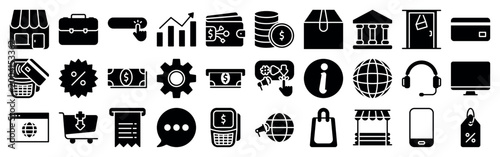 Business, finance and e-commerce solid icon set for online shopping and marketing