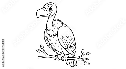 A Charming Black and White Illustration of a Vulture Perched on a Branch with a Friendly Demeanor