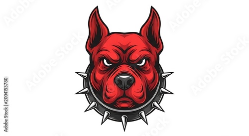 Angry Pitbull Dog Head with Spiky Collar, Fierce Expression, Aggressive Canine Illustration