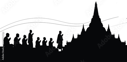 Schilderij op canvas monks silhouette with temple architecture against a white background