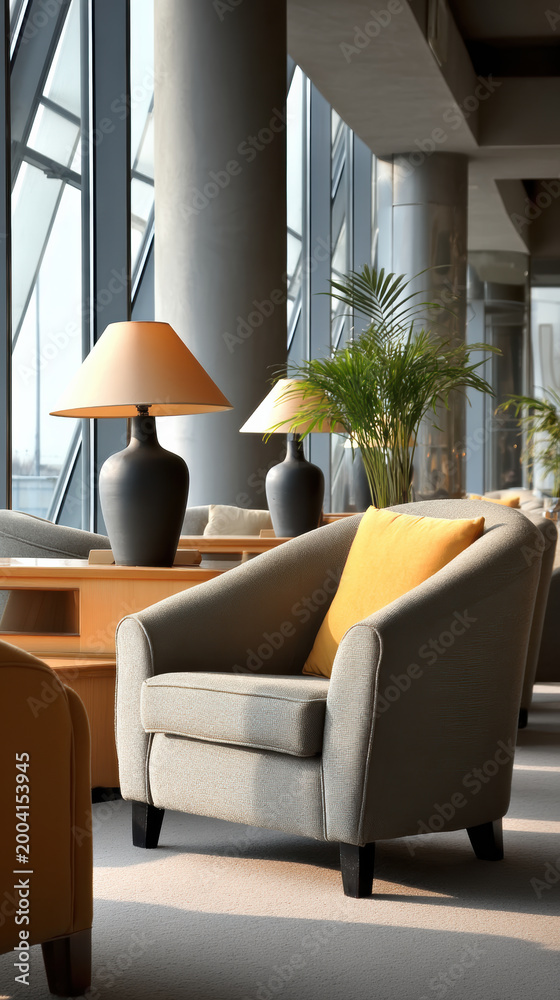 Obraz premium Modern lounge chair with yellow cushion, table lamp, and indoor plant in bright airport waiting area, cozy and inviting atmosphere