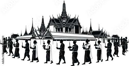 Photos Thai temple silhouette with procession of people black and white