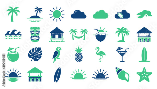 Party, Summer Vacation and Food Icon Set Collection in Green and Blue Style